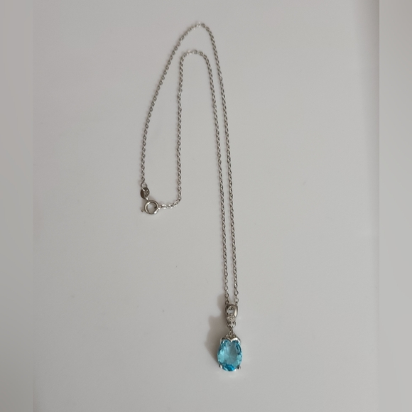 925 sterling necklace blue topaz CZ sparkly   18" silver chain pendant - Picture 2 of 12